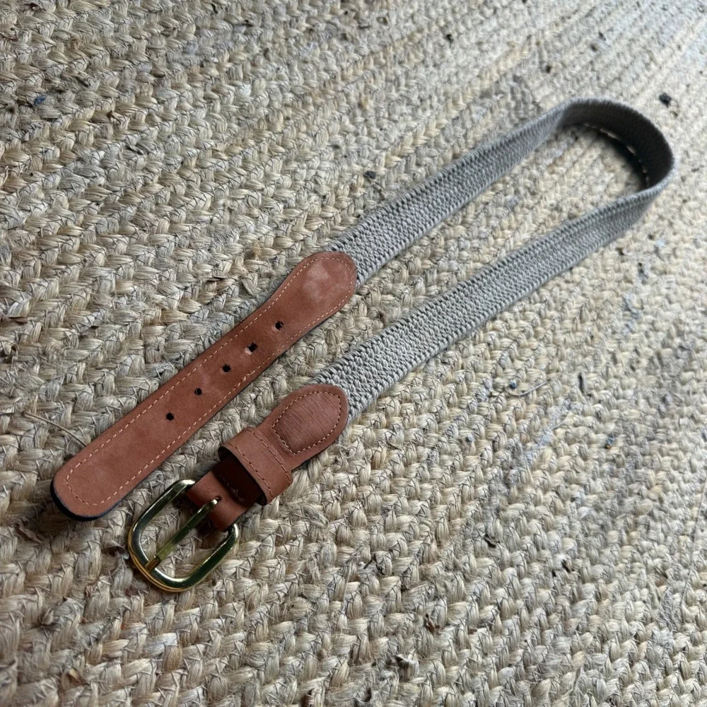 Vintage Mens Braided Surcingle Belt Tan Leather Brass Buckle Made in USA Size 38
